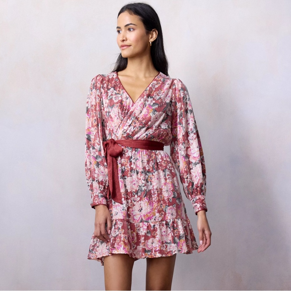LC Lauren Conrad Sequin Wrap Mini Dress Wine Nonna Blooms